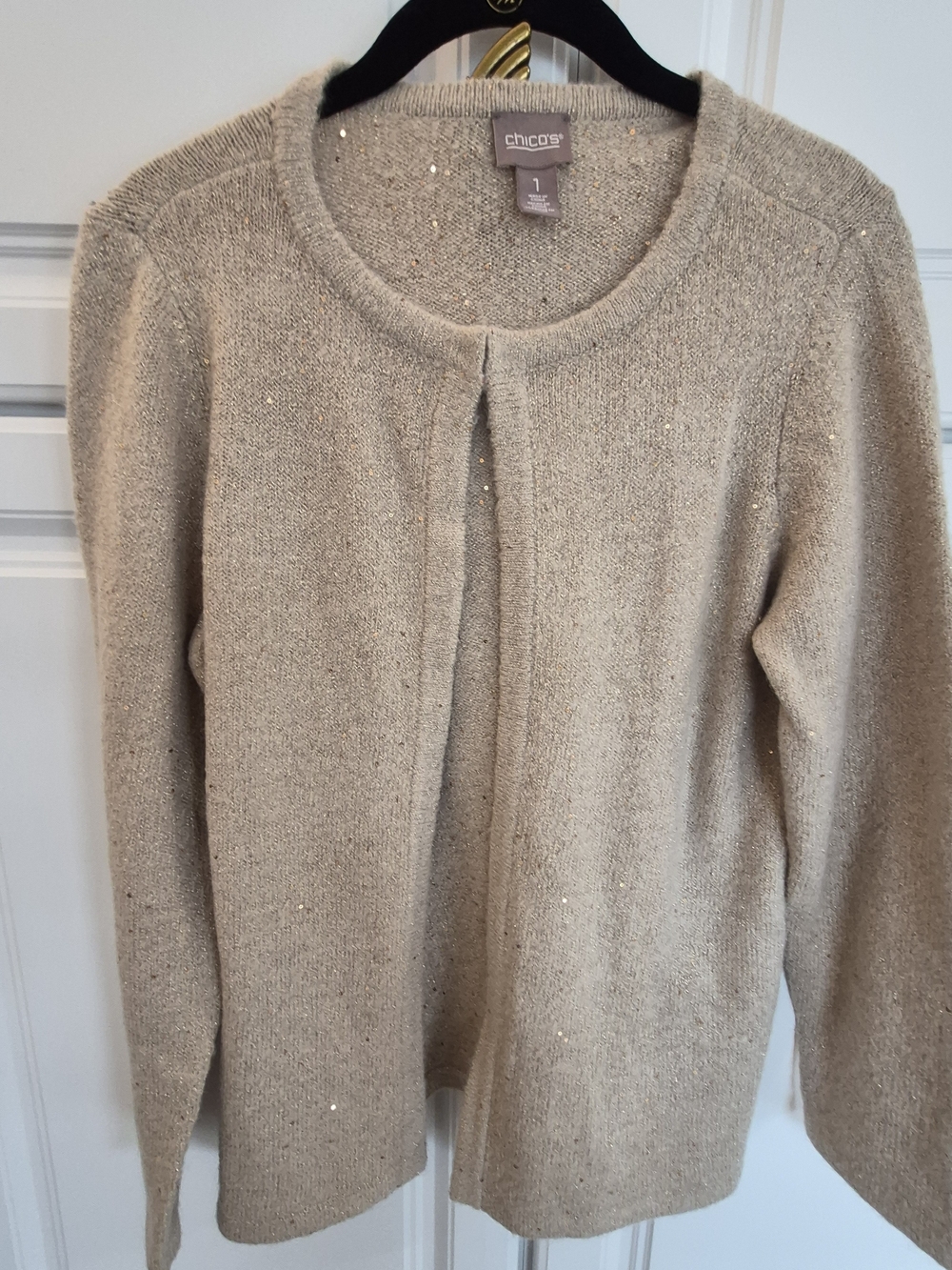 Chico's Women's Cream Gold Sequin Knit Cardigan Sweater Size 1